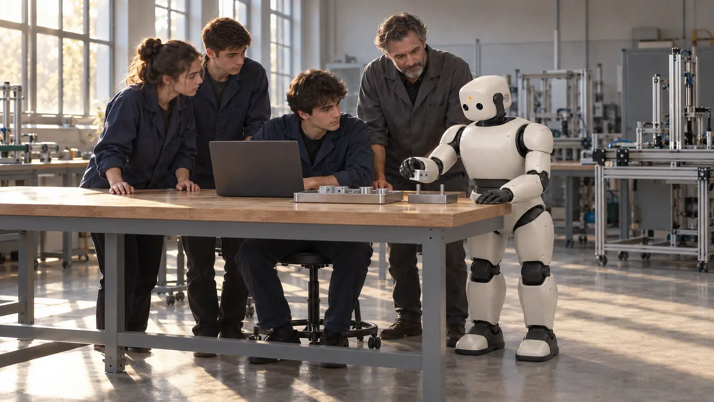 A primera hora, en un taller de FP, un robot humanoide compacto coge una pieza de una bandeja al final de un banco mientras tres alumnos y su profesor lo observan.