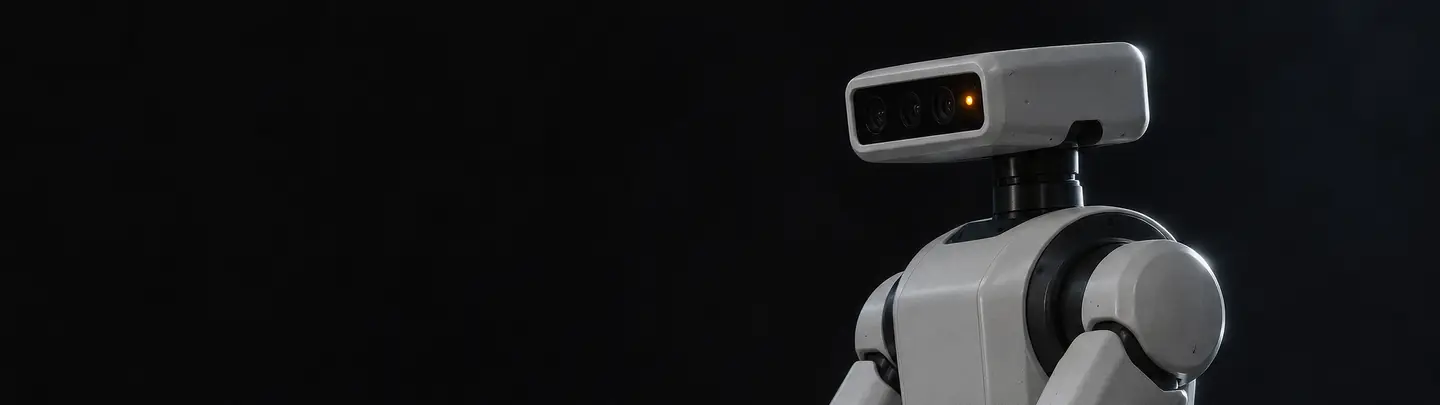 Retrato de un robot de servicio inventado, con cabeza de sensores y brazos articulados, sobre fondo oscuro.