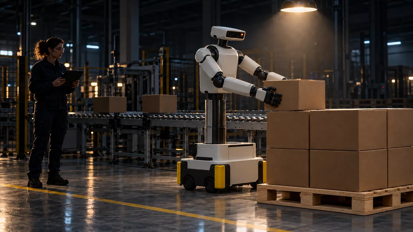 Un robot sobre ruedas apila cajas en un palé al final de una línea de noche, mientras una operaria lo supervisa detrás de la línea amarilla.